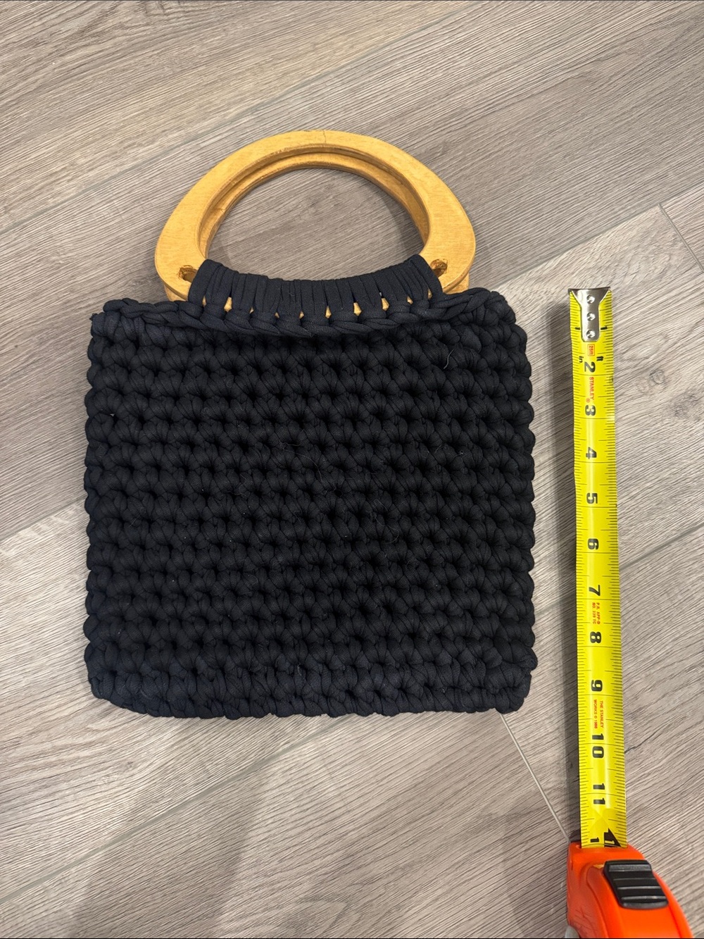 Hand-Knit Black Mini Bag with Wooden Handles